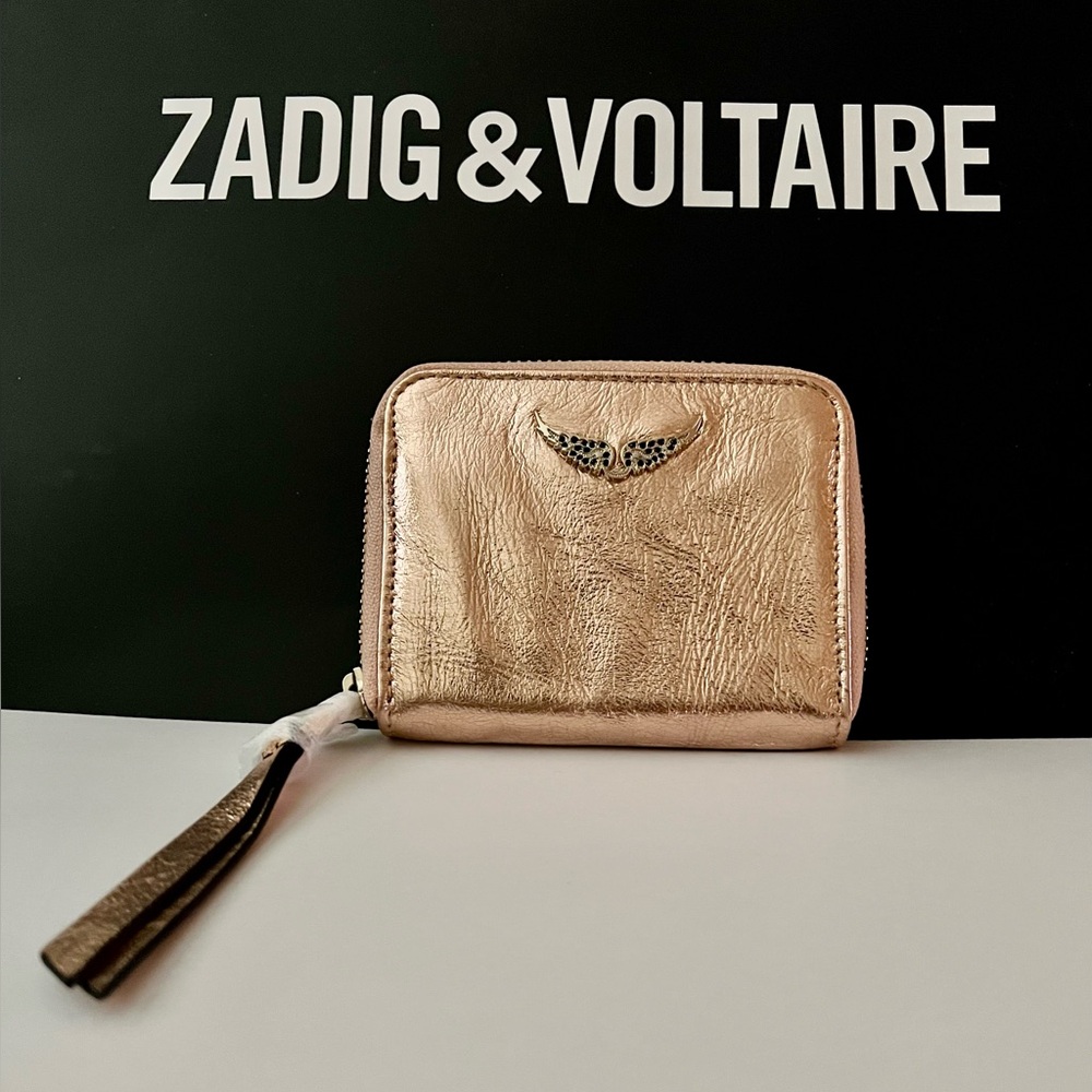 Zadig & Voltaire Mini Crushed Metal Zip Wallet in Rose Pink